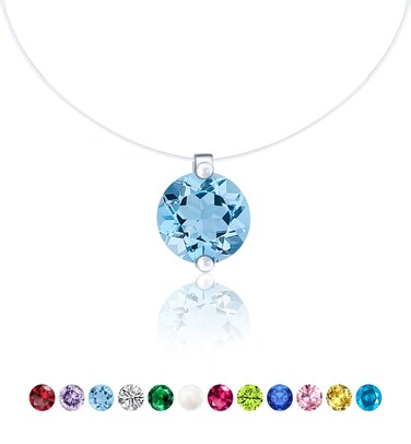 BIHBI Birthstone Necklace 925 Silver x Cubic Zirconia Solitaire Pendant &amp; Clear Chocker Chain (03. March - Aquamarine)