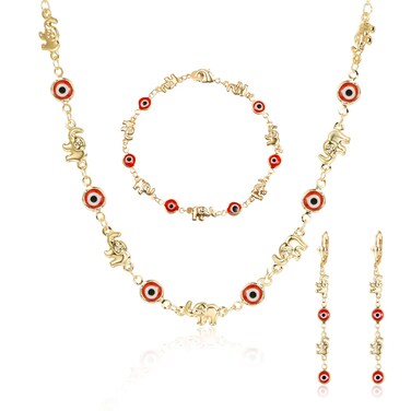 sineed 14K Gold Plated Evil Eye Braceles Earrings and Necklace for Women Girls Elephant Jewelry Set (Red)