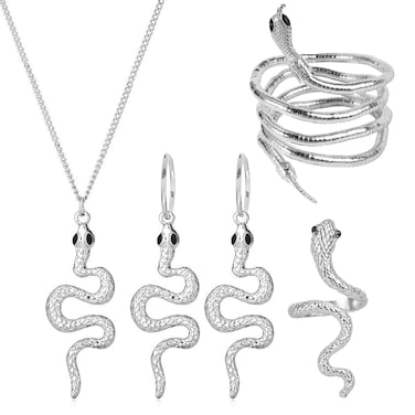 Long tiantian Snake Jewelry Set for Women Snake Dangle Earrings Glexible Snake Bracelet Adjustable Medusa Snake Necklace Punk Snake Ring Set for Halloween（Silver）