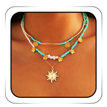 Sixexey Boho Layered Sun Necklaces Gold Necklace Chain Turquoise Sequins Necklace Summer Beach Necklace Accessories for Women（A）