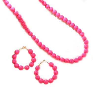 Zhang shine Hot Pink Acrylic Imitation Pearls Necklace Earring Jewelry Sets Circle Multicolor Candy Round Beaded Hoop Earrings for Women Statement Jewelry