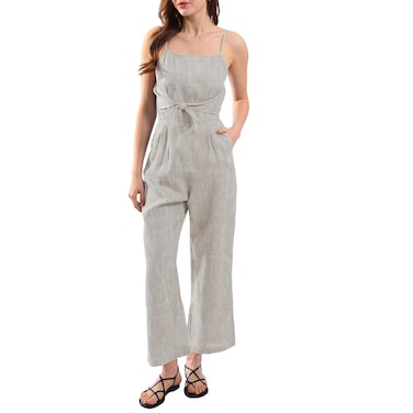 Amazhiyu Womens Pure Linen Casual Summer Sleeveless Front Tie Jumpsuits with Pockets Flax, Medium