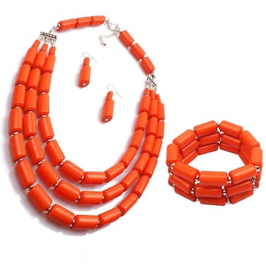 Chamvino Bohemian style multilayer beaded Necklace + Earrings + Bracelet set for Women's gifts（Orange-red）