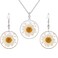 FM FM42 Dried Pressed White Daisy &amp; White Queen Anne's Lace Flowers 1.14" Round Circle Dangle Earrings &amp; Pendant Necklace Jewelry Set