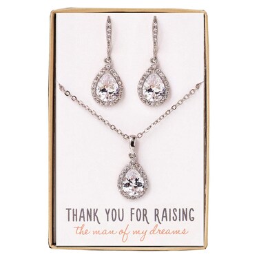 A+O Mother of the Groom Gift Drop Earrings or Jewelry set in Silver, Yellow Gold, Rose Gold (Set - Silver)