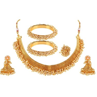 Efulgenz Indian Jewelry Sets Gold Tone Pearl Necklaces for Women Indian Bollywood Faux Pearl Beads Bridal Choker Necklace Earrings Bracelet Bangles Ring Jewelry Set