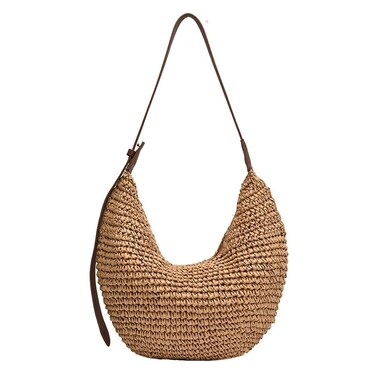 Straw Crossbody Shoulder Bag, Beach Woven Hobo Bags with Adjustable Strap, Large Capacity Straw Crescent Bags for Summer Vacation