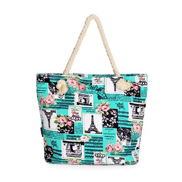 Paris Eiffel Tower Music Notes Floral Print Canvas Tote Shoulder Bag Handbag, Mint