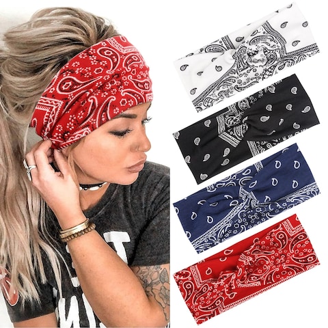 AKTVSHOW Headbands for Women Knotted Headband Elastic Head Bands Women&#39;s Hair Band Non-Slip Turban Printed Stylish Sport Sweat Hair Wrap for Girls Cute Hair Accessories 4PCS