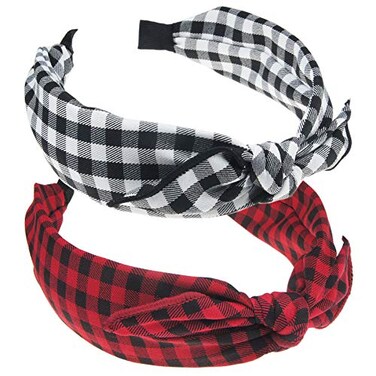 VIVIAN &amp; VINCENT 2 Pack of Womens Vintage Plaid Headbands Headwraps Hair Band with Bow Valentines Gifts for Her Buffalo Plaid Checker Red Black