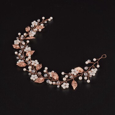 Jumwrit Bridal Headband Pearl Flower Headband for Bride and Bridesmaid Handmade Leaf Hair Accessories Rhinestone Headpiece for Women Wedding (Rose Gold)