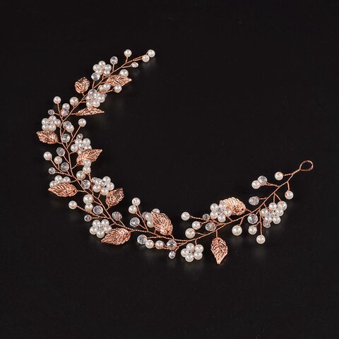 Jumwrit Bridal Headband Pearl Flower Headband for Bride and Bridesmaid Handmade Leaf Hair Accessories Rhinestone Headpiece for Women Wedding (Rose Gold)