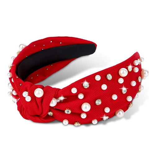 Jaciya Pearl Headbands for Girls Rhinestone Headbands for Women Wide Knotted Red Headband for Women Beaded Head Band Knot Turban Hair Accessories