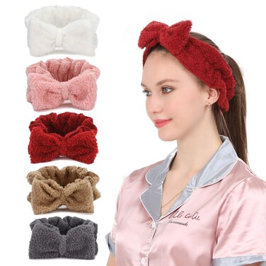 Folora 5 Pack Women Soft Coral Fleece Bow Headbands, Cute Bowknot Elastic Plush Headwraps for Washing Face Makeup Shower and Facial