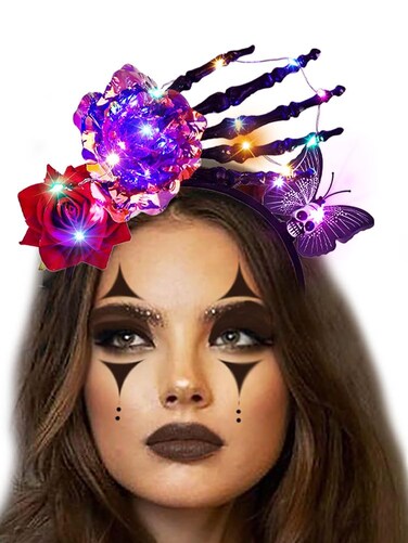 Coridy Light up Halloween Headband Orange Pumpkin Headbands Spider Silk Polka Dot Mesh Hairband for Women(C-Purple)