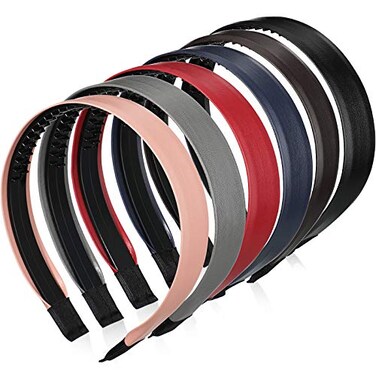 WILLBOND 6 Pieces Skinny Leather Covered Headband Plastic Skinny Headband Hair Loop Clasp Hairbands Solid Simple Headband for Women(2.5 cm,Matte Pink, Wine Red, Navy Blue, Coffee, Black and Grey)