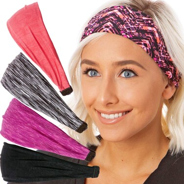 Hipsy Adjustable &amp; Stretchy Xflex Band Wide Sports Headbands for Women Girls &amp; Teens (5pk Magenta/Black/Mosaic/Coral/Grey)