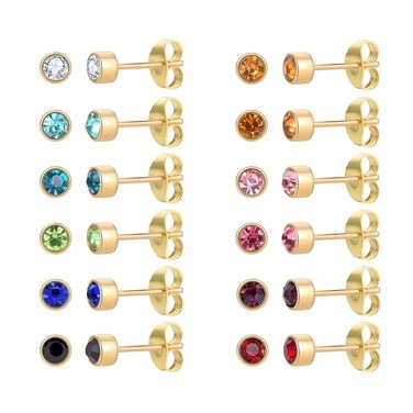 12 Pairs 18K Gold Plated Surgical Stainless Steel Stud Earring, Cubic Zirconia CZ Stud Earrings for Women, Multicolor Birthstone Stud Earrings Set 3mm (Round 3mm)