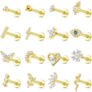 YADOCA 16Pcs 16G Tragus Piercing Jewelry Hypoallergenic Surgical Steel Tragus Earrings Internally Threaded Flat Back Medusa Labret Lip Monroe Conch Cartilage Stud Earrings for Women