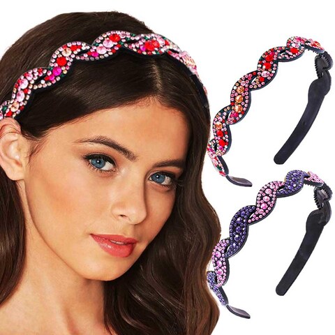 Bouory Sparkly Rhinestone Headbands Colorful Crystal Hairband Thin Head Bands with Teeth No Ship Hairhoop for Women 2PCS (Type A)