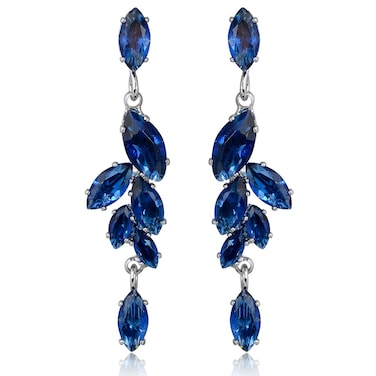 Cubic Zirconia Bridal Earrings Blue Sapphire - Sterling Silver Marquise Crystal CZ Rhinestone Cluster Leaf Linear Drop Earrings Elegant Wedding Jewelry for Women Bride Bridesmaids