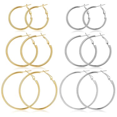Sroyte 6 Pairs Gold Silver Hoop Earrings for Women, 14K Gold Plated Stainless steel Earring for Women,Lightweight Hypoallergenic Dainty Hoop Earrings Set (30mm.40mm.50mm)