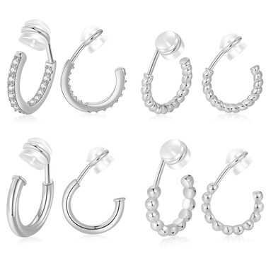 PLOMFOV 4Pairs Clip On Hoop Earrings for Women Silver Plated Non Pierced Earrings Silver Clip On Hoops Small No Piercing Fake Hoop Earrings 14mm