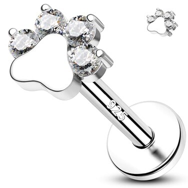 Melighting Sterling Silver 925 Cartilage Earring Internally Threaded 16G Dog Paw Helix Piercing Jewelry Clear CZ Solid Silver Flat Back Earring Tragus Piercing Jewelry