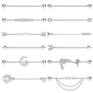LOREMOW 12Pcs 14G Stainless Steel Industrial Barbell Earrings for Women Men Cartilage Helix Piercing Jewelry Industrial Piercing Bar 38MM Silver