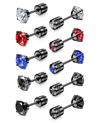 CASSIECA 5 Pairs Surgical Steel Screw Back Stainless Steel Stud Earrings for Women Men, Rainbow 5A Cubic Zirconia Sleeper Studs Hypoallergenic Earrings for Sensitive Ears 5mm