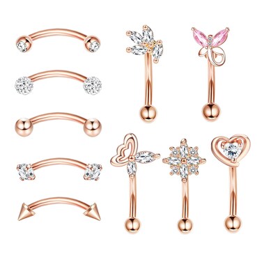EVISPOL 10Pcs Eyebrow Piercing Jewelry Eyebrow Rings 16G Curved Barbell Cartilage Earring Lip Belly Rings Daith Rook Earrings Helix Conch Piercing Tragus Earrings for Women Men-Rose Gold-8mm