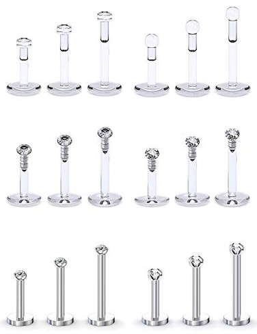 SCERRING 16G Lip Rings 2mm Clear CZ Internally Threaded Labret Monroe Lip Ring Tragus Nail Helix Earring Stud Piercing Jewelry Bar Length 6mm 8mm 10mm 18PCS