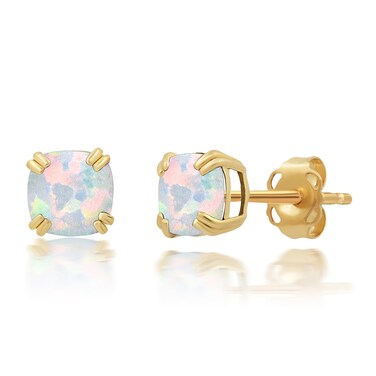 Real 10k Yellow Gold Opal Stud Earrings Women Birthstone Jewelry Gemstone White Opal Earrings Studs Women Fire Opal Jewelry Women October Birthstone Earrings Girls Cushion 5mm Earring Hypoallergenic