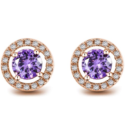Platinum Plated Round Shape 1.0 Carat Simulated Cubic Zircon Diamond Stud Earrings (Rose Gold Purple)