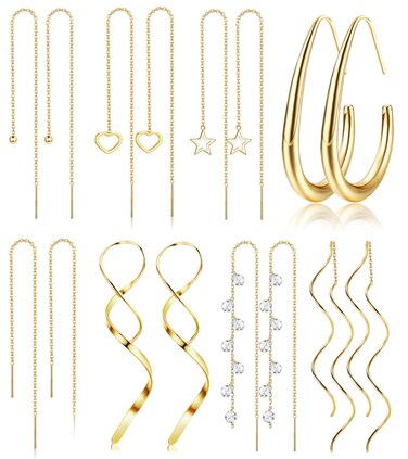 LOLIAS Threader Earrings for Women Gold Plated Dangle Thread Earrings Dainty Spiral Twisted Wave Ball Heart Star Tassel Chain Earrings Long Surgical Steel Pull Through Earrings for Women Lightweight