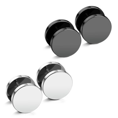 JewelrieShop Black Faux Gauges Plugs Earrings for Men Stainless Steel Dot Disc Studs Circle Flat Back Cheater Tunnel Dumbbell Earrings Women(18 Gauges,2 Pairs,14mm,Black and Silver)