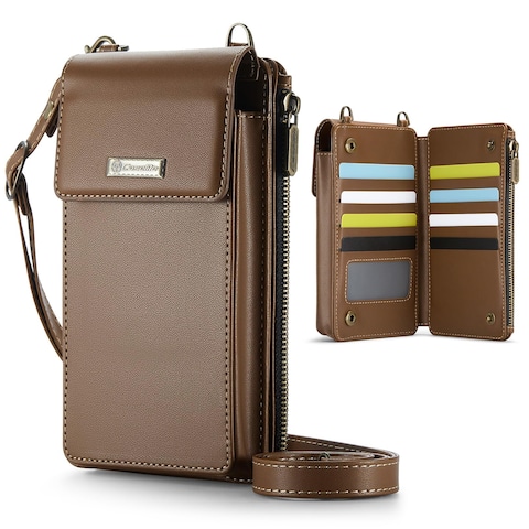 CaseMe Small Crossbody Cell Phone Bag for Women, RFID Blocking Shoulder Handbag Strap Wallet Purse with Card Slots, Brown