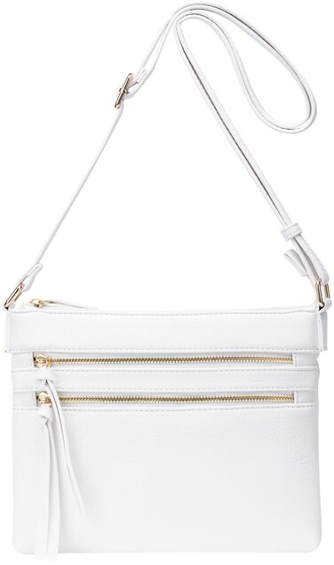 B BRENTANO Vegan Multi-Zipper Crossbody Handbag Purse with Tassel Accents (White NN)