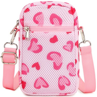 MIRLEWAIY Girls 3 layer Mesh Crossbody Phone Wallet Case Pouch Bag Mini Shoulder Bag with Adjustable Strap for Beach, Shopping, Travel, Hiking-Pink Heart