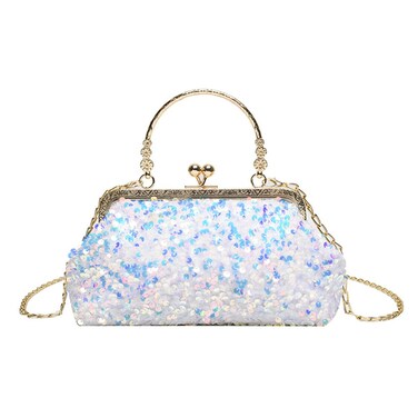 WIGUYUN Women Sequins Evening Handbag Glitter Top Handle Purse Chain Cross-body Bag White