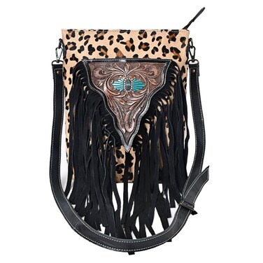 Merbaa Women Hand Tooled Cowhide Leather Cotton Lining Zipper Closure Strap Fashion Crossbody Shoulder With Floral Tooling Patch Adjustable &amp; Removeable Purse (Beige)