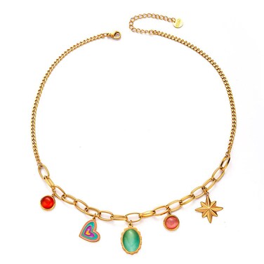 ALRNBY Charm Necklace for Women Gold Stainless Steel Chain Dainty Choker Necklace Colorful Gemstone Sun Heart Pendant Necklace for Women Paper Clip Chain Trandy Jewelry Gift 2024 Non Tarnish