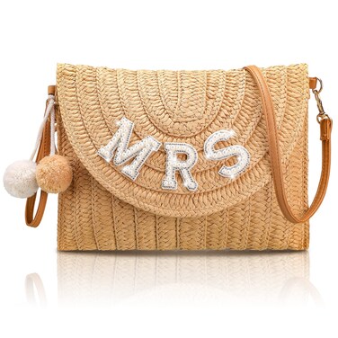 Bride Straw Shoulder Bag For Women Straw Clutch Bag Pearl Rhinestone Wedding Summer Beach Vacation Bridal Shower Gift (Mrs Style)