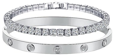 Vessantara 2Pcs Gold Stackable Bracelets,18K Gold Plated Tennis Bracelet for Women Trendy Cubic Zirconia Bangle Friendship Bracelets Jewelry Sets Birthday Gifts for Men Non Tarnish