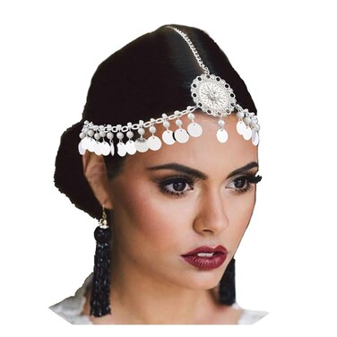 Yalice Sequins Head Chain Jewelry Rhinestone Indian Hair Chain Coin Headpieces Pearl Goddess Headband Chain Costume Prom Hair Accessories for Women (Silver)