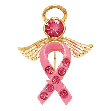 Rosemarie &amp; Jubalee Women's Breast Cancer Awareness Enamel Pink Ribbon With Crystal Rhinestones Inspirational Gift Giving Jewelry Pieces (Angel Wings Brooch Pin Gold Tone, 1.75")