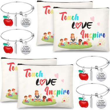 8 Pcs Teacher Appreciation Gift Set for Women, 4 Teacher Makeup Pouch Cosmetic Bags and 4 Bangle Bracelets, Christmas Valentines Thank You Gifts for Teacher (Teach Love Inspire)