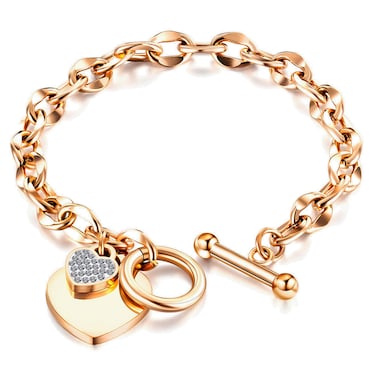 JUPPE 14K Rose Gold Titanium Steel Heart Charm Bracelet Bangle Gifts for Women Girls Mother Sister Datghter (Rose Gold11)