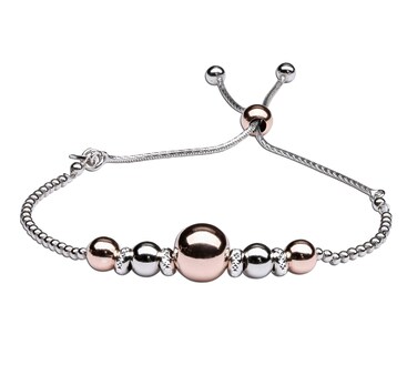Cherished Moments Bolo Bracelet for Women in .925 Sterling Silver with Rose-Gold Plated Accents Adjustable 6"- 9