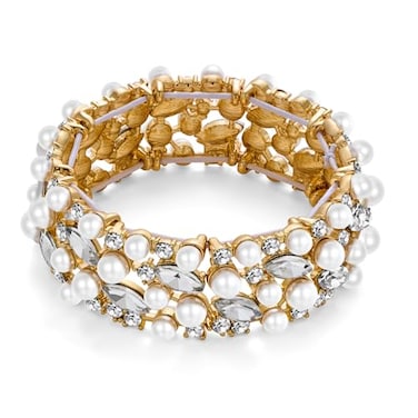 TOVABA Delicate Gold Bangle Bracelets for Women, 14k Gold Plated Stretch Bracelets for Women with Pearl Rhinestone Sparkly Elastic Gold Bangles Non Tarnish Gold Bracelets for Women Trendy Jewelry